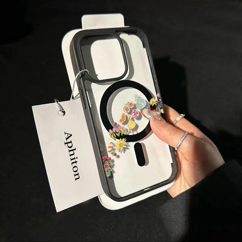 Adorable Duck Surrounded By Colorful Fruits Phone Case Featuring A Soft Tpu Back With Built-In Strong Magnet Ring, Blending Smooth Macaron Texture With Secure Magsafe Compatibility For iPhone 17 16 15 14 13 12 11 X XS