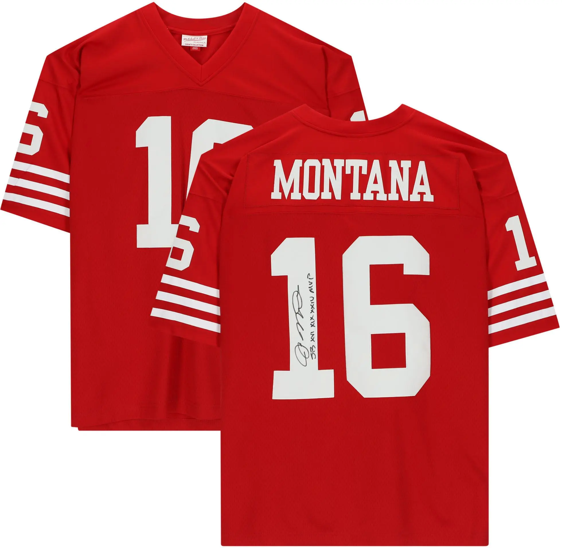 Joe Montana San Francisco 49ers Autographed Red Mitchell & Ness Replica Jersey with "SB XVI XIX XXIV MVP" Inscription - Fanatics Authentic Certified