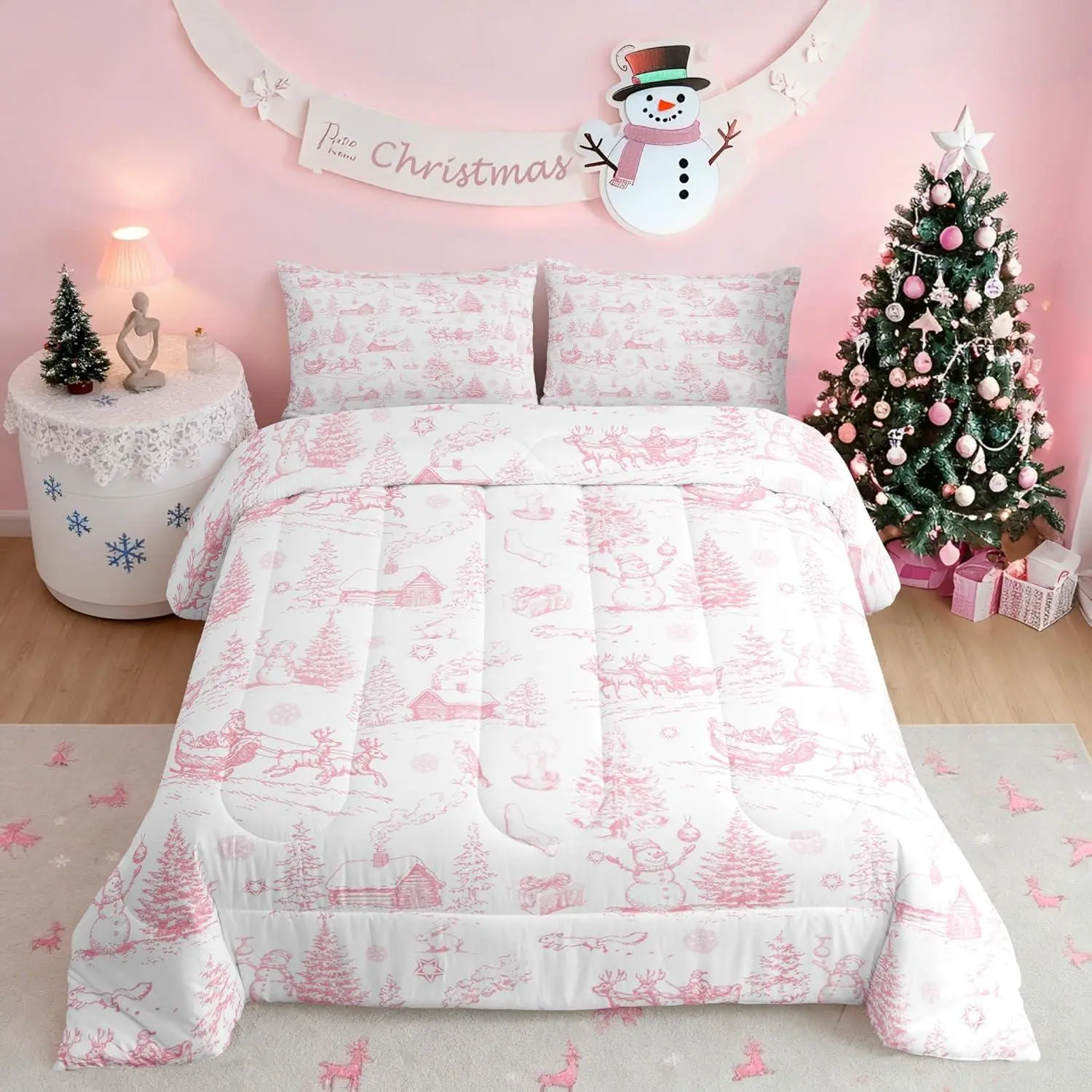 Feelyou Pink White Polyester Fiber Queen Full Sized Christmas Festive Graphic Duvets & Sets - Microfibre Bedding with Winter Tree, Snowman, Santa Prints, Lightweight Warmth, Low Roll Over, Machine Washable, Kids Room Decor, Travel Ready