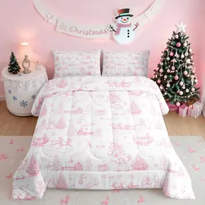 Christmas Comforter Set,Pink White Winter Xmas Tree Quilt Setsnowman Santa Claus Bedding Set,Kids Boys Girls Room Decor