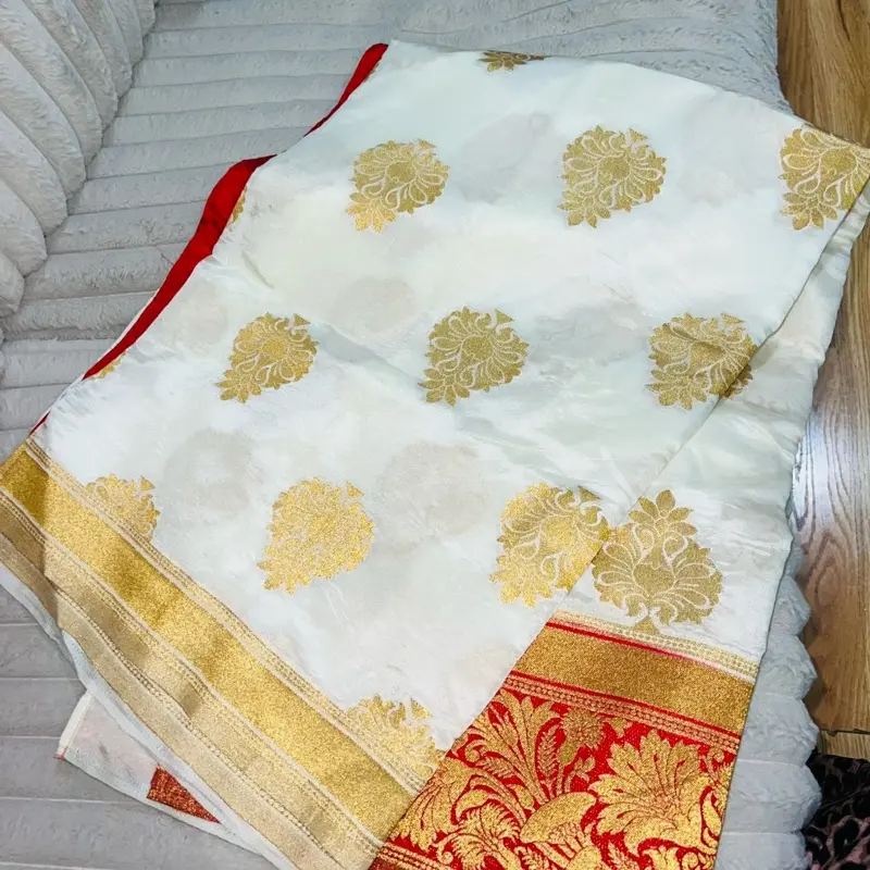 Red and White Benaroshi Saree with Ready Made Free Size Blouse Full Sleeve Gold Embroidery