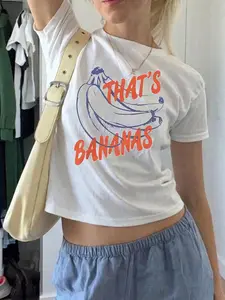 Women's Banana Theme T-Shirt, Round Neck Short Sleeve, Casual Fashion Summer Streetwear, Sexy Youth Campus Style, Vintage Food Lover Gift