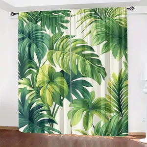2 pieces, made of polyester material, with high-definition digital printing of green leaf patterns, filtering curtains, suitable for decoration in bedrooms, living rooms, offices and homes, with pole pocket design, suitable for hanging on poles