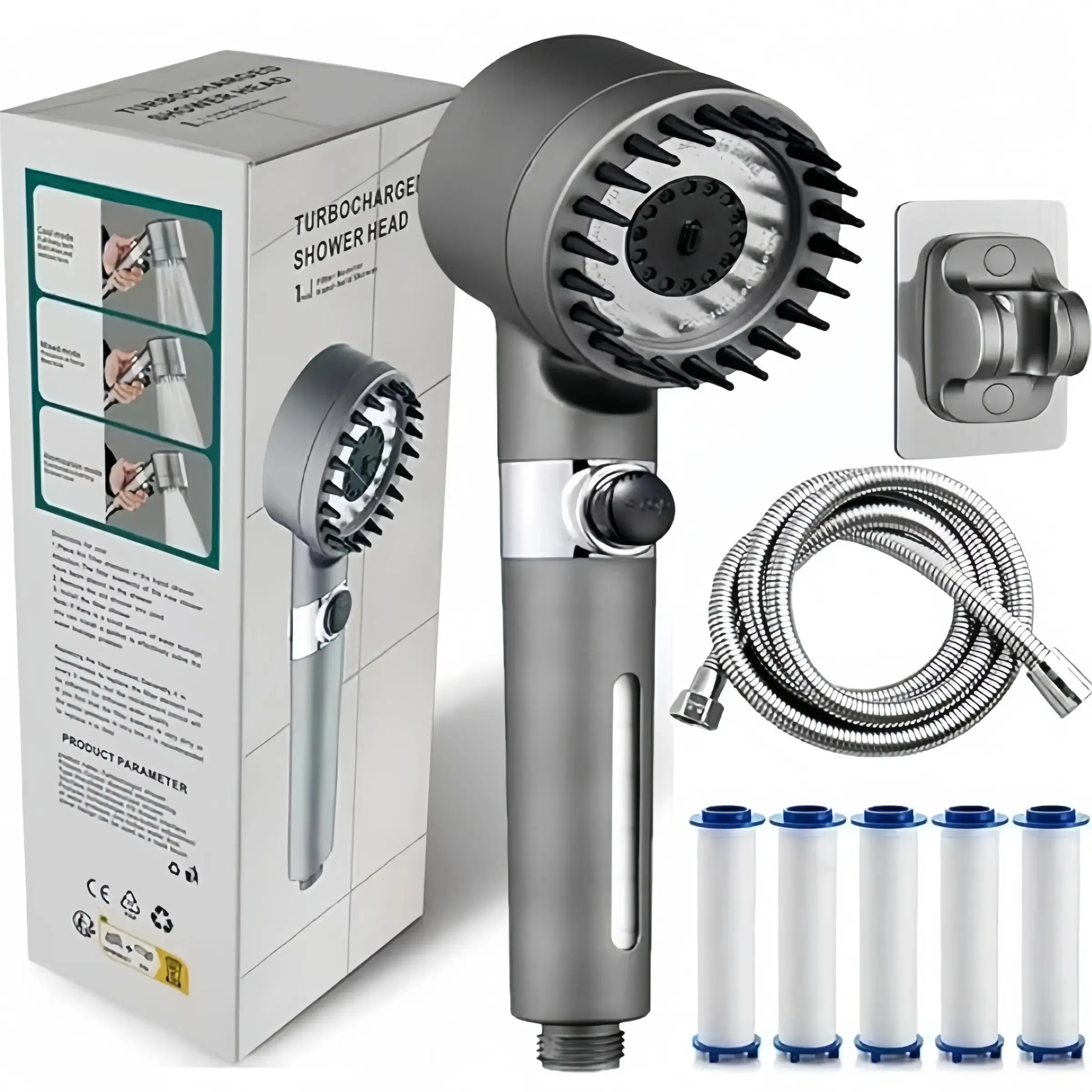 High Pressure Showerhead with Turbine Spray, Wall Mounted, No Power Needed, 5 Water Filters, Comfortable Light, Bathroom Shower Accessories, Pressure Boosted Shower, Turbocharged Shower Head, High Flow Shower Head