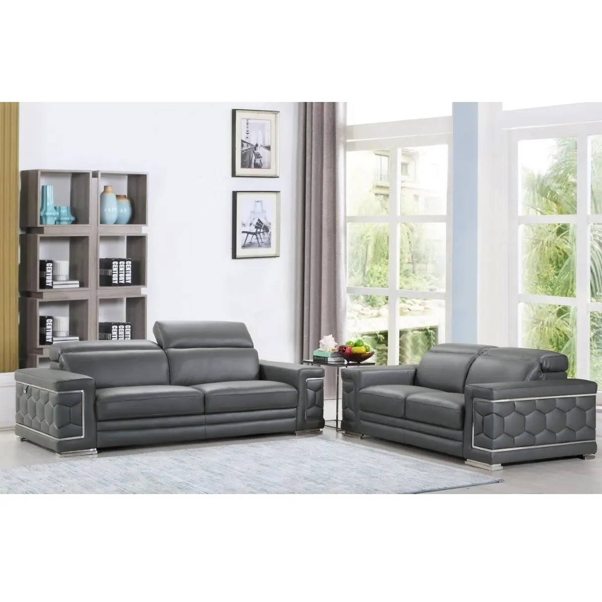 Global United 692GY-2PC Orren Ellis Ferrara Divanitalia Gray Italian Leather Sofa & Loveseat Set, Modern Adjustable Headrests, Interior Design-Focused Indoor Living Room Furniture
