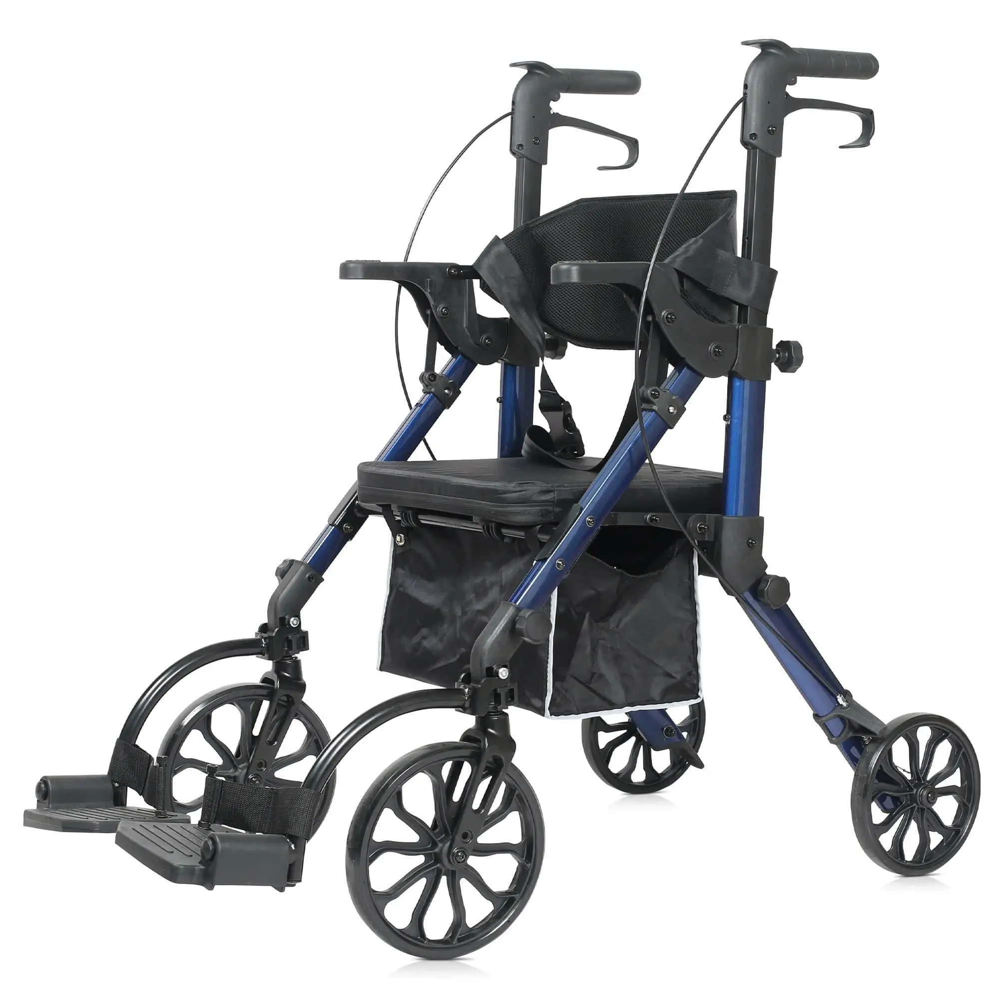 ELENKER 2-in-1 Sturdy Portable Upright Rollator Walker Wheelchair, Stand-Up Folding Design with 10" Front Wheels, 8" Rear Wheels, Backrest Seat, Padded Armrest, Anti-Slip Surface, Model KLD-9269, Blue Medical Mobility Aid for Seniors