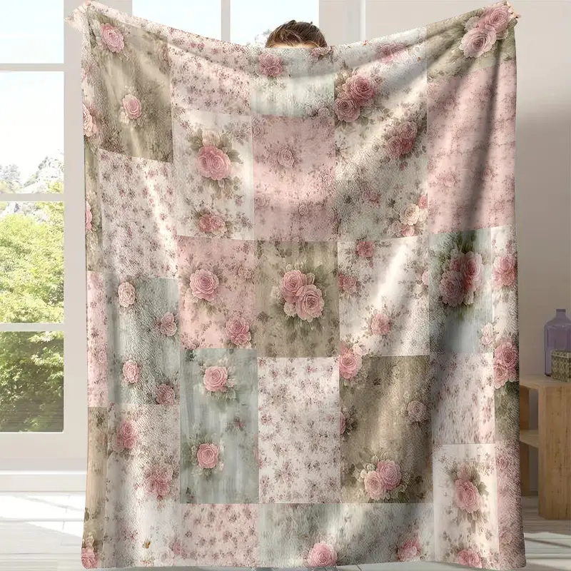 Vintage Pink Rose Patchwork Plush Blanket Soft Comfortable for Bed Sofa Camping All Seasons Use