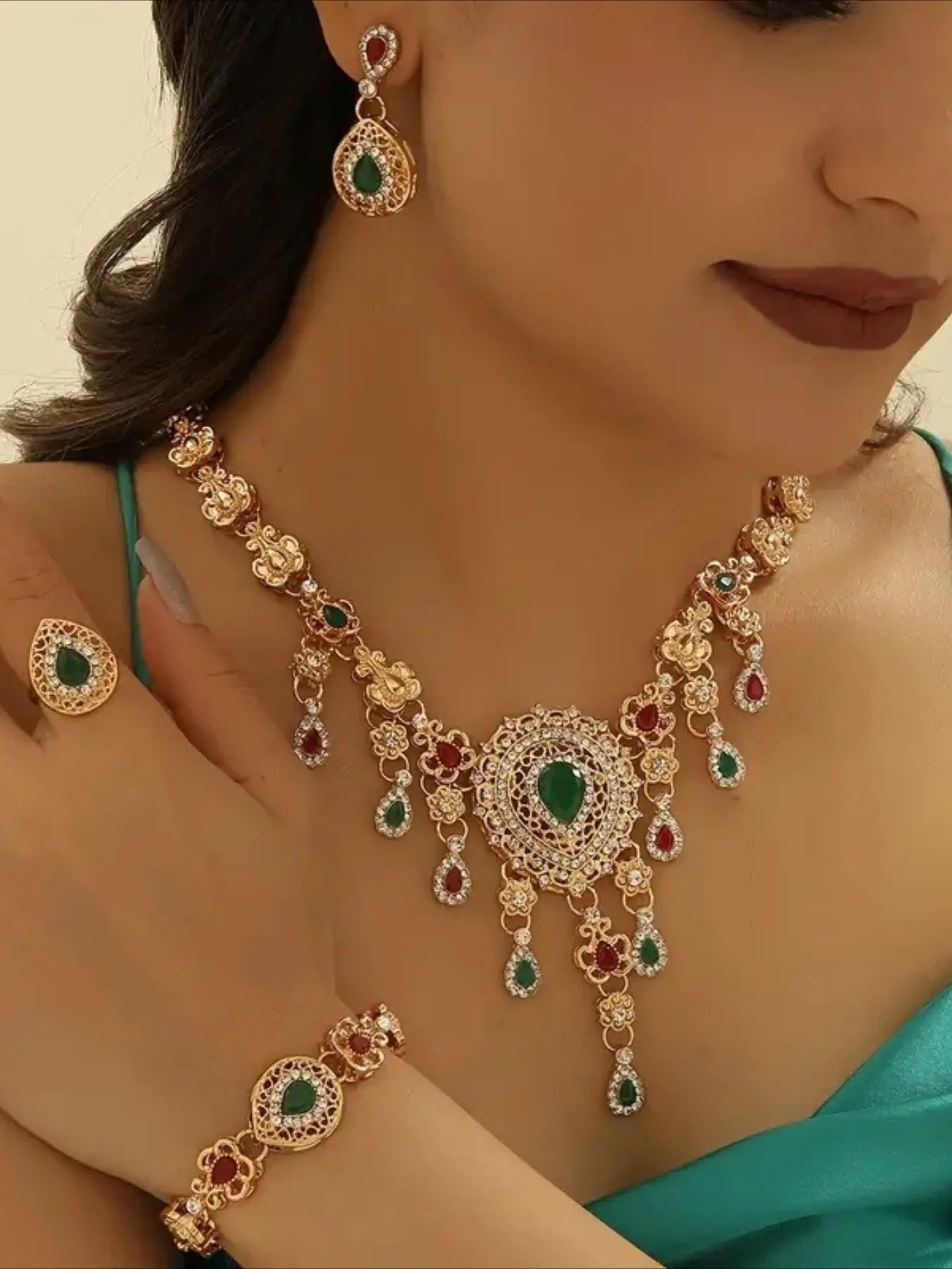 Colorful Round Four-piece Bridal Set, Elegant Jewelry Set, Wedding Sets, Suitable for Weddings and Banquets, Non-allergenic.