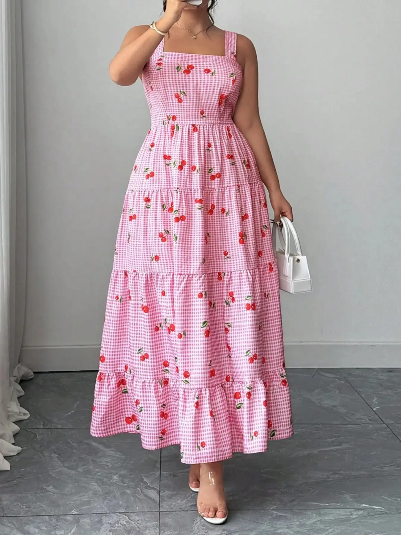 Plus Size Women's Plaid Cherry Print Dress Daily Outfits, Square Neck Ruched Chest Layered Hem, Sleeveless Sweet Style Summer Vacation Casual Four-Season, Wear, Womenswear, Everyday Essential, Layering Piece, Travel