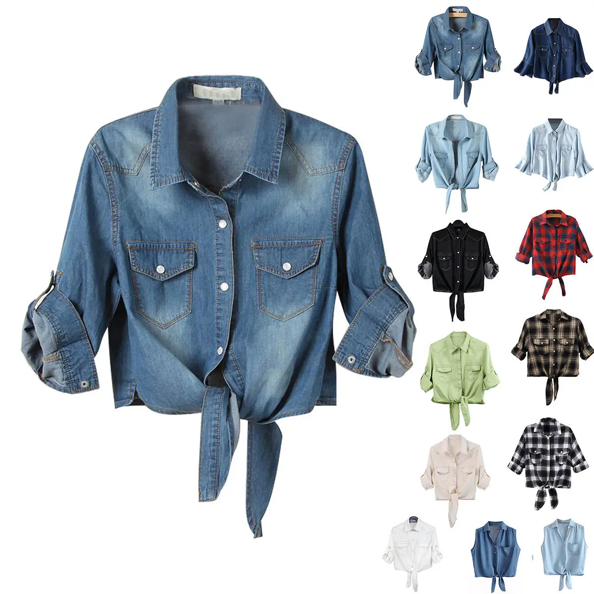 SCUSTY Women's 3/4 Sleeve Denim Tie Front Knot Shirt Chambray Denim Crop Top SCUSTY Women's 3/4 Sleeve Denim Tie Front Knot Shirt Chambray Denim Crop Top