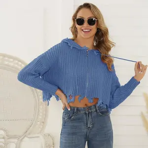 Women’s Autumn/Winter Zip-Up Knitted Hooded Sweatshirt, Tassel Trim, Loose Fit — Outerwear, Sweater, Cardigan, Coat