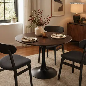 31.5" Diameter Sturdy Walnut Color ARCH Round Modern Center Table - MDF Top, Tulip Metal Steel Base, Easy Setup Mid-Century Indoor Furniture for Dining Room, Living Room
