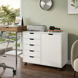 5 Drawer Mobile Storage Cabinet With Single Door,White Wooden Printer Stand Organizer With Brake Wheels,Multi-Functional Rolling Chest For Home Office Study Room Easy Assembly
