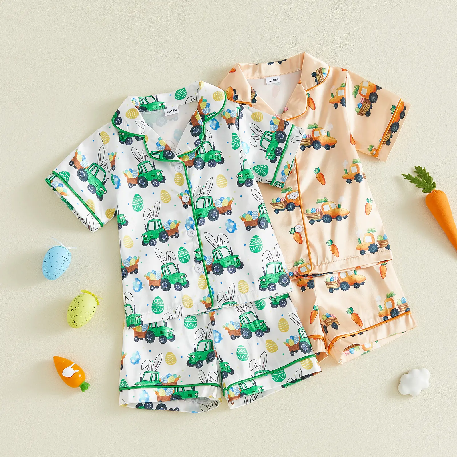 2Pcs Easter Pajamas Sets for Boys Short/Long Sleeve Lapel V Neck Button Down Truck Egg Print Tops and Elastic Waist Shorts