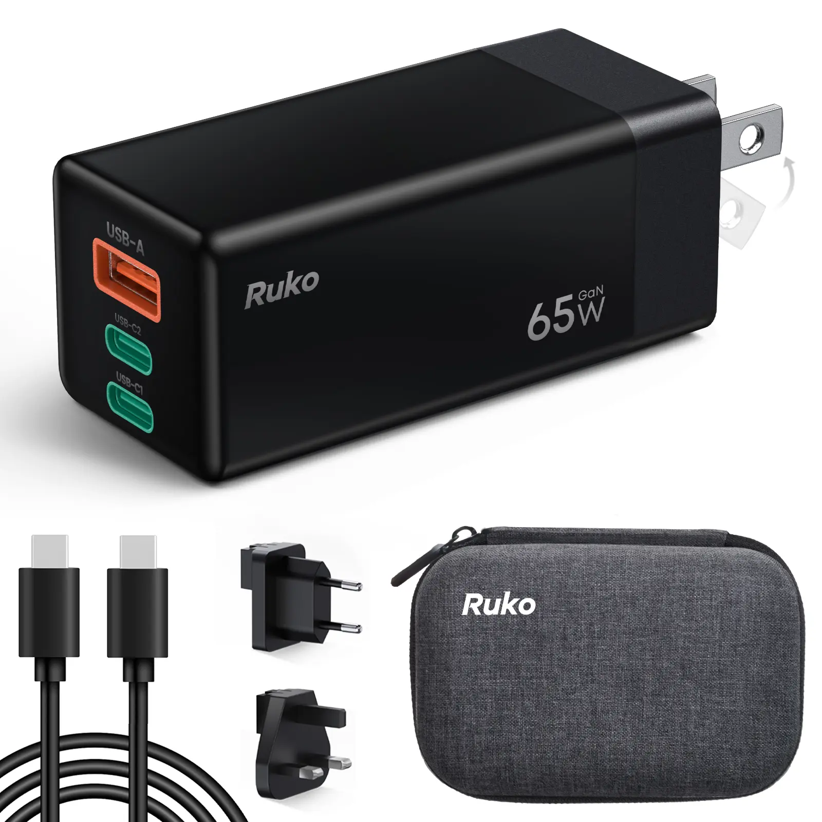 Ruko 65W GaN USB-C Fast Charging Block, 3-Port International Travel Charger Kit with Portable Bag, Cable, UK-EU Plugs for iPhone 16/Pro, Galaxy S24, MacBook, iPad