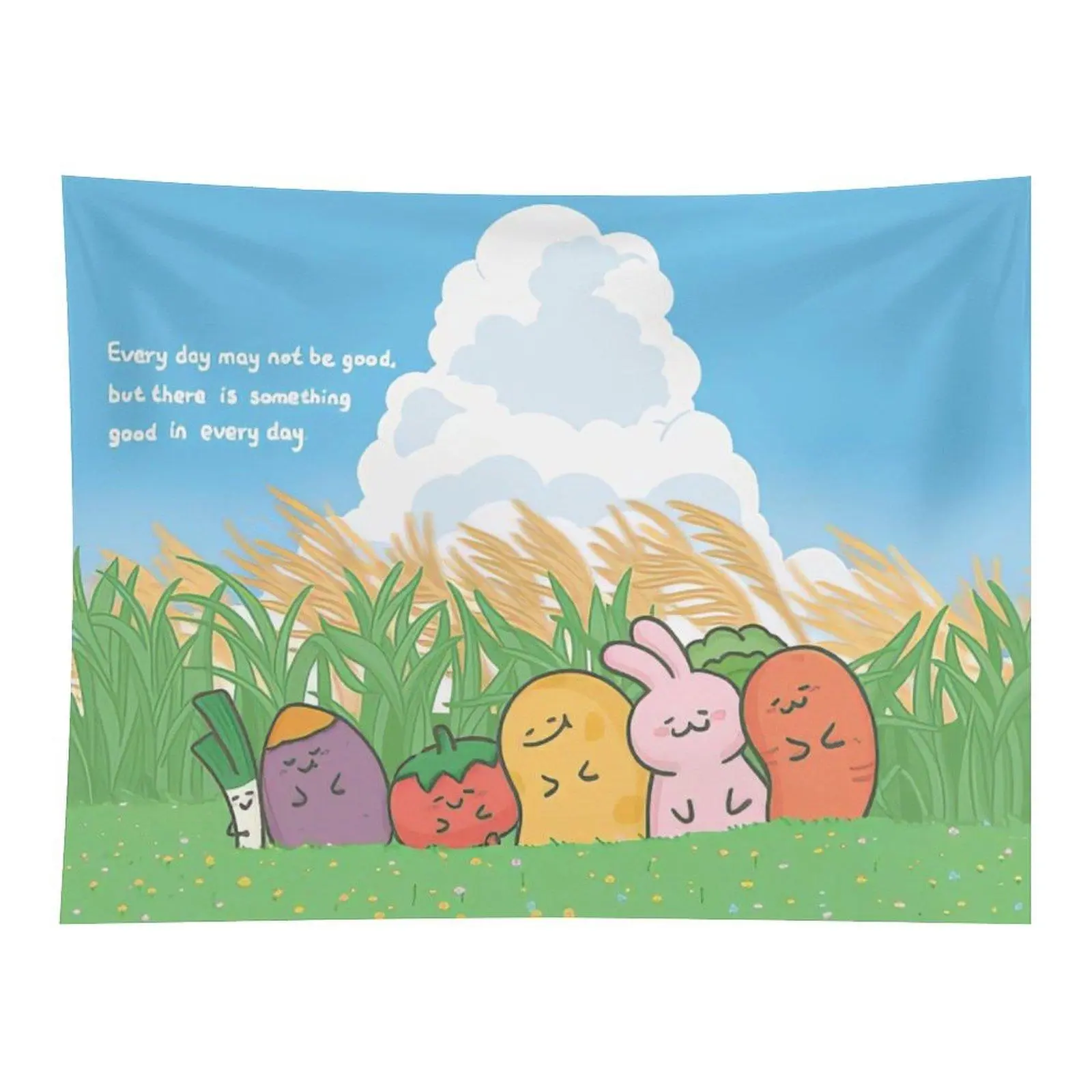 Cute Cartoon Vegetable Bunny Positive Quote Blue Sky Grass Wall Tapestry Wall Hanging, Soft Kawaii Motivational Animal Plant Art Decor for Kids Bedroom Nursery Dorm Backdrop