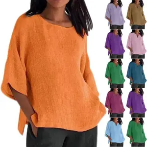New Women's Three-Quarter Sleeve round Neck Cotton and Linen Shirt Top Fashion Women's Wear 2025 Spring and Summer Commuting Fashion Fashion Women's Wear