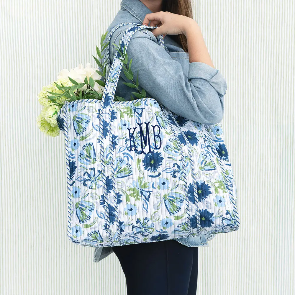 Monogrammed Quilted Tote Bag | Indigo Painted Petals