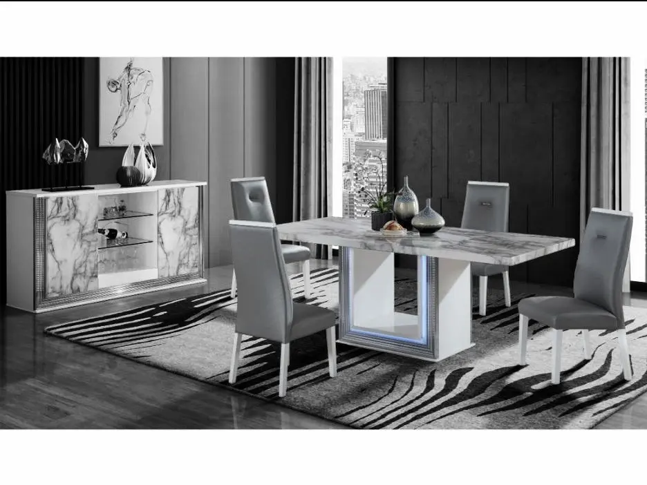 Stanning Marble dining set with side table. This set comes with 6 pieces, a table, 4 chairs and a side table.