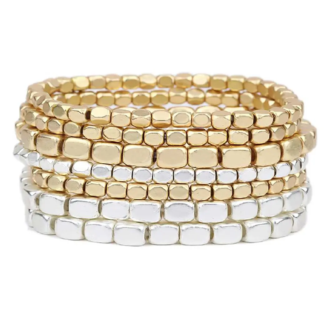 Women's 7-Piece Chunky Beaded Stretch Bangles Set - Enamel-Coated Nugget Bracelets, Adjustable Stacking Costume Jewelry with Vibrant Bold Design, Chunky Beads, Daily