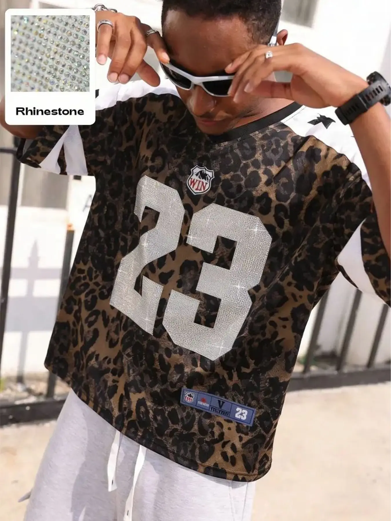 Men's Vintage Leopard Print Rhinestone #23 Football Jersey, Oversized V-Neck Sports Tee for Street Style & Party Looks, Athletic Tops