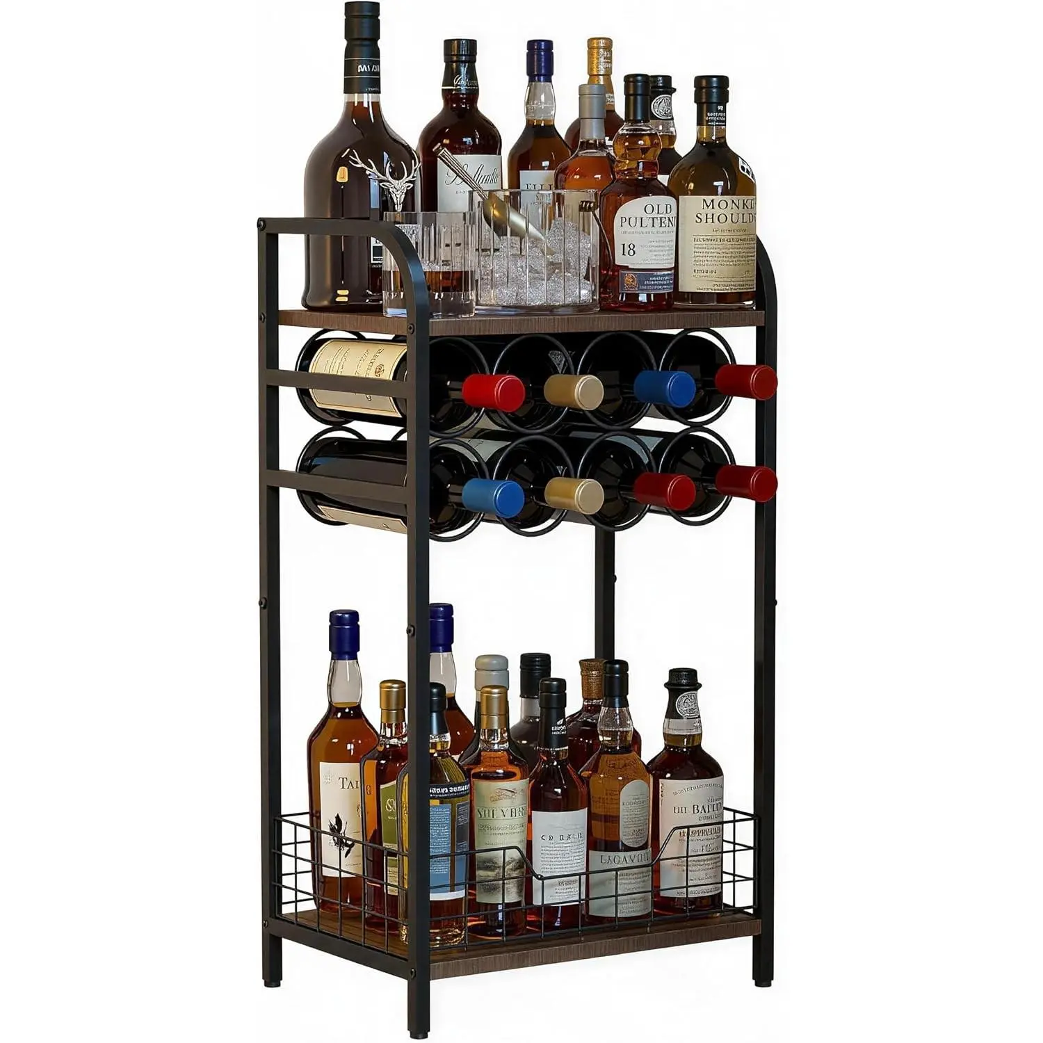 3-Tier Wine Rack Freestanding Floor Cabinet Corner Bar Cabinet Bar Cart,12 Individual Wine Storage Bottle Compartments Corner Bar Cabinet Holder,Wood + Black Frame Liquor Cabinet