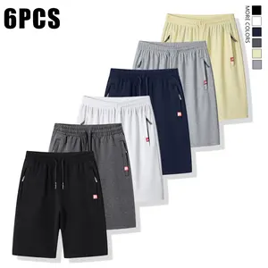 6pcs Men's Athletic Shorts - Summer Zippered Pockets with Drawstring, Casual Sportswear, Solid Colors, Non-Stretch Fabric, Regular Fit, Casual Sportswear|Zippered Shorts|Polyester Short