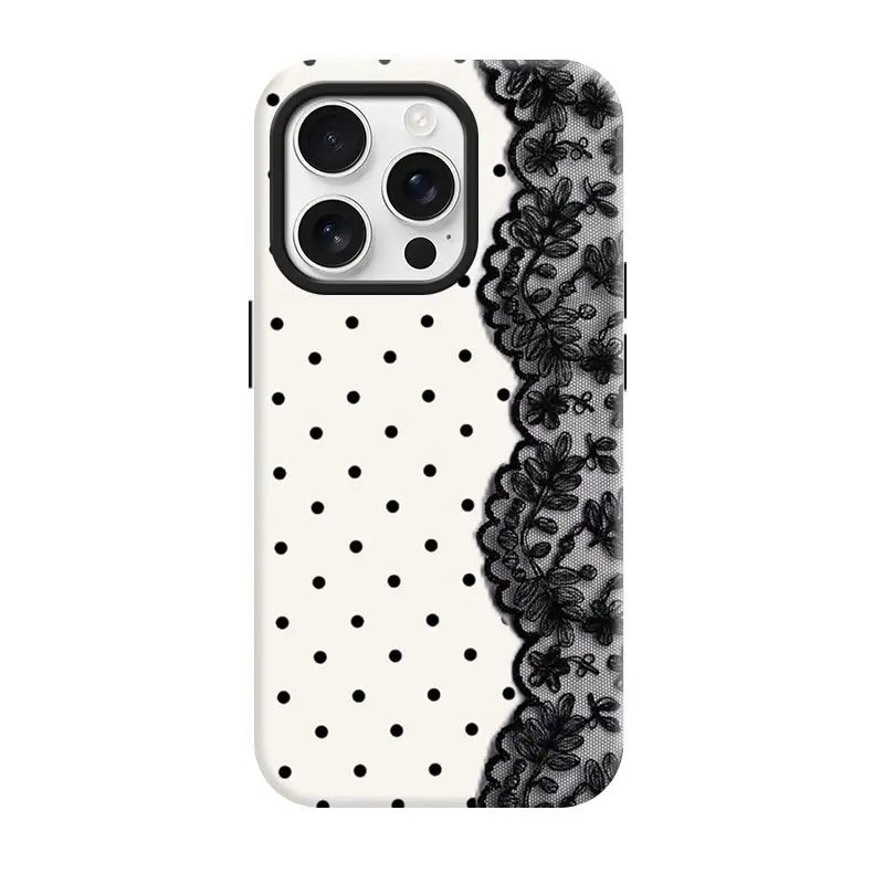 Black Rim With Polka Dots Shockproof Anti-Slip Scratch Resistant 2-in-1 Korean Glossy Printed Hard PC Case for iPhone 11-17 PRO MAX Cases Anti-Yellowing Cover