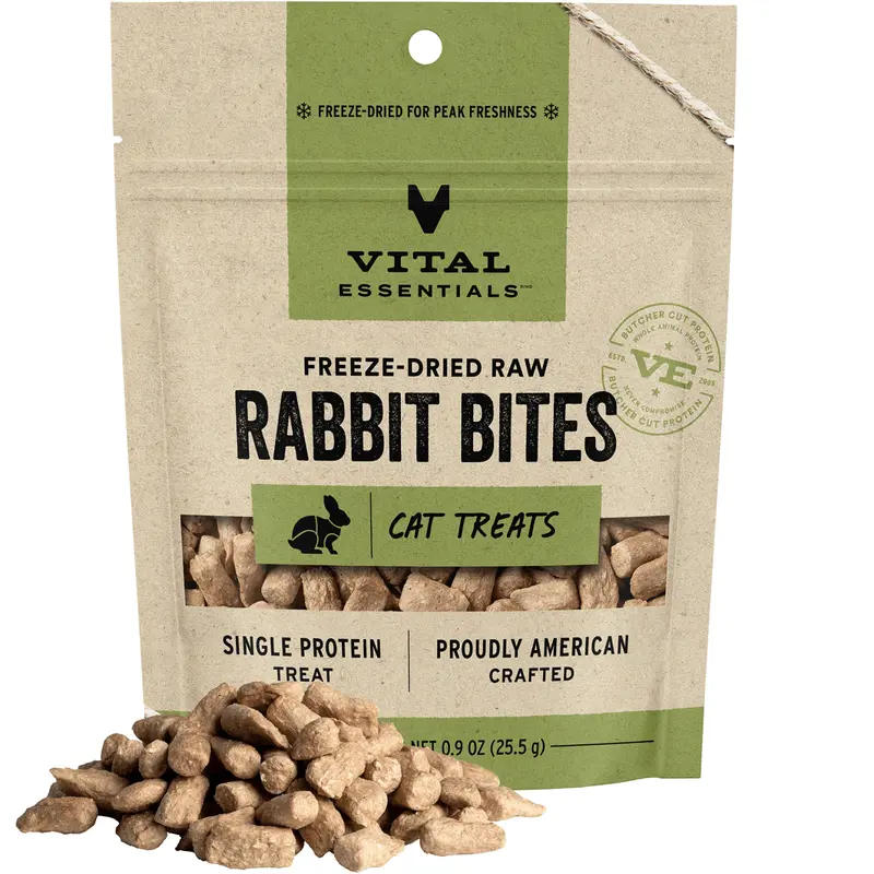 Vital Essentials Freeze Dried Raw Cat Treats, Rabbit Bites, 0.9 oz | Single Ingredient Cat Treats | Grain Free, Gluten Free, Filler Free