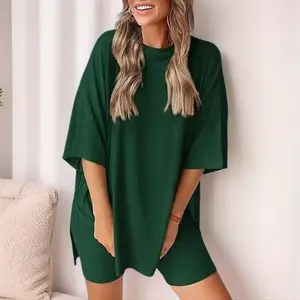 Crewneck Two-Piece Set for Women Summer Casual Oversized Split Hem Shirts & Side Pocket Biker Shorts Minimalist Loungewear Soft Viscose Fabric Comfy Pjs Nightwear Womenswear - Style, Pajama