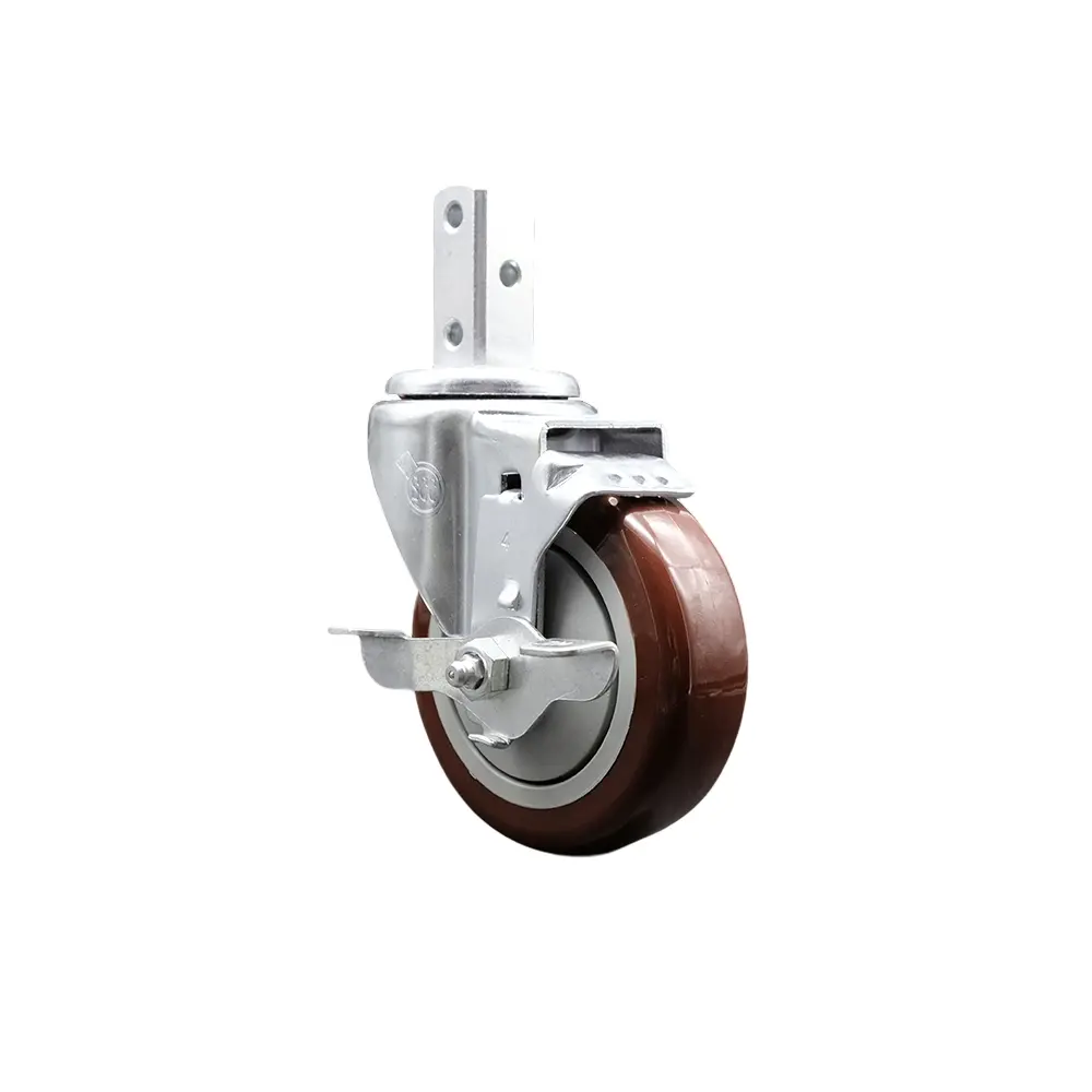 Service Caster SCC-SQ20S414-PPUB-MRN-TLB-34 Lockable Swivel Square Stem Caster - Bolted, Light & Medium Duty, 4x1.25 in Non-Marring Maroon Polyurethane Lockable Wheels, 0.75x2 in Square Stem with 3x0.26 in Mounting Holes for Shop Projects, Swivel Wheels