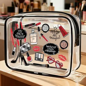 New stylish pattern PVC toiletry bag, zippered PVC travel storage bag - lightweight, fade-resistant cosmetic bag/toiletry bag, suitable for women and girls, portable makeup case, Makeup Organizer Pouch, easy to wipe clean, smart storage design.