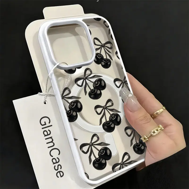Vintage Gothic Dark Cherry with Bow Acrylic Magnetic Phone Case - Shockproof, Waterproof Protection for iPhone 17,16,15,14,13,12,11,Plus,Pro,Max,A17