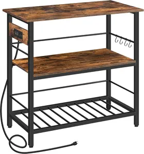 Kitchen Island with Storage, Kitchen Island Table with Power Outlet, 35.4" L 3 Tier Coffee Station and Microwave Stand, for Home, Dining Room, Rustic Brown and Black BF021ZD01
