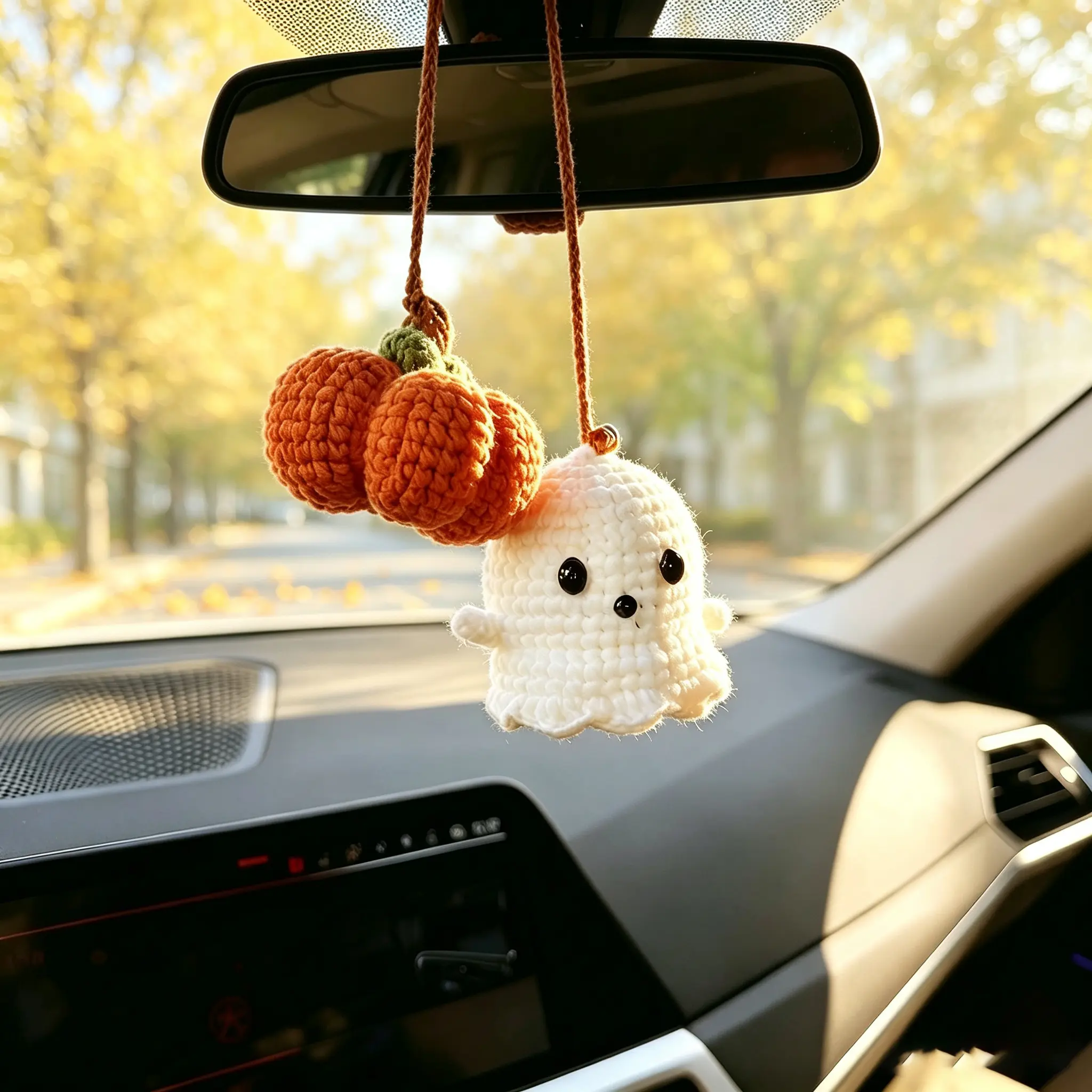 Crochet Ghost & Pumpkin Rear View Mirror Hanging Car Charm Handmade Cute Halloween Fall Spooky Season Ornament Amigurumi, Car Decorations, Cute Car Accessories
