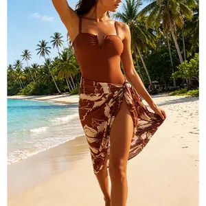 2026 Vintage Style One Piece Swimsuit Set with Tropical Print Wrap Sarong, Elegant Modest Beach Outfit with Flowy Cover Up Skirt for Women Vacation