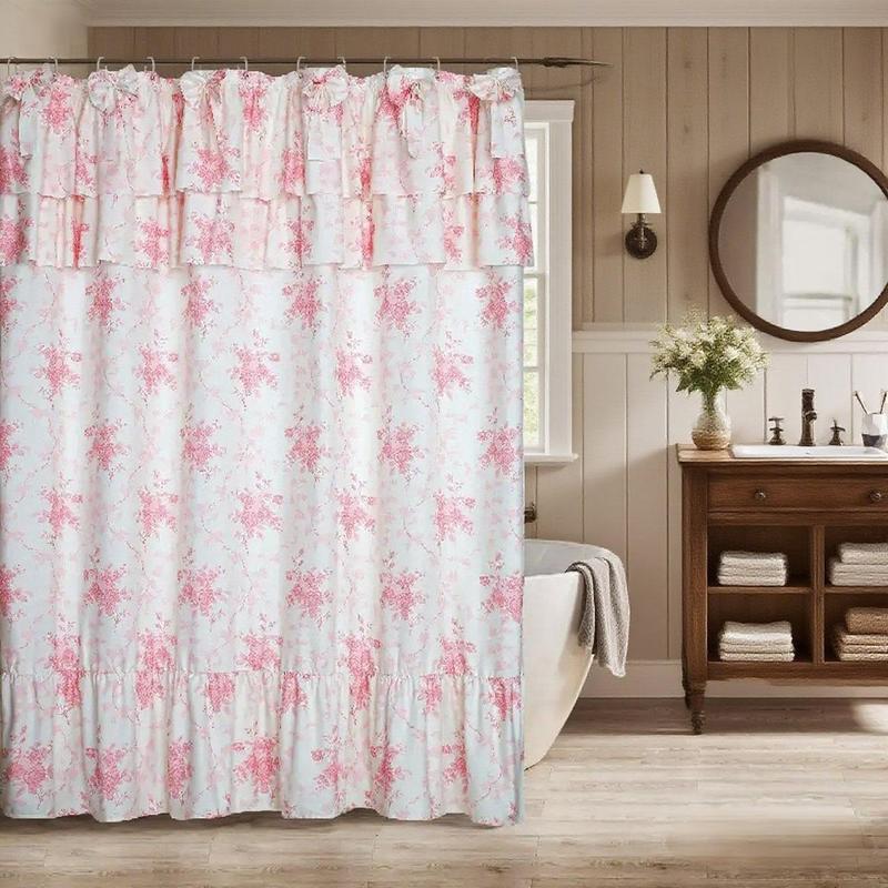 Floral Pattern Ruffle Shower Curtain Handcrafted Big Bow Tie Bath Curtain for Master Bathroom With 12 Hooks Shower Curtain For Bathrooms Waterproof Quick Drying Machine Washable Home Bathroom Decor Shower Curtain Sets for Bathroom
