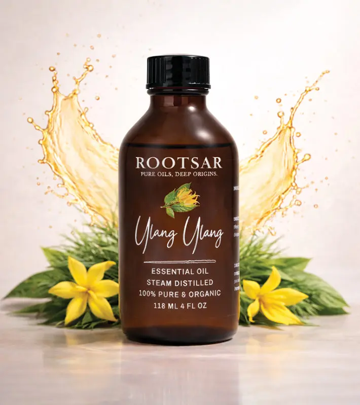 Rootsar 100% Pure Ylang Ylang Floral Essential Oil - 4 fl oz Liquid, Aroma Diffuser Carrier & Essential Oils for Stress Relief, Daily Wellness Rituals