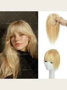 Real Human Hair Toppers Extensions with Bangs for Women, Hair Extensions Clip, Cover Bald Spots, Increase Hair Volume, Breathable Mesh, Easy to Wear
