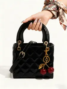 Checkered Bag with Cherry Charm, Fashionable Versatile Handbag, Elegant Women's Shoulder Crossbody Bag, Casual Style, Casual Handbag Satchel, Handheld Bag Purse