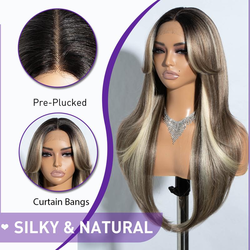 Rebeccahair 26 Inch Synthetic Long Straight Ombre Blonde Wigs for Women, Gorgeous Fluffy Wigs with Curtain Bangs, Synthetic Lace Front Wigs for Party, Daily Use