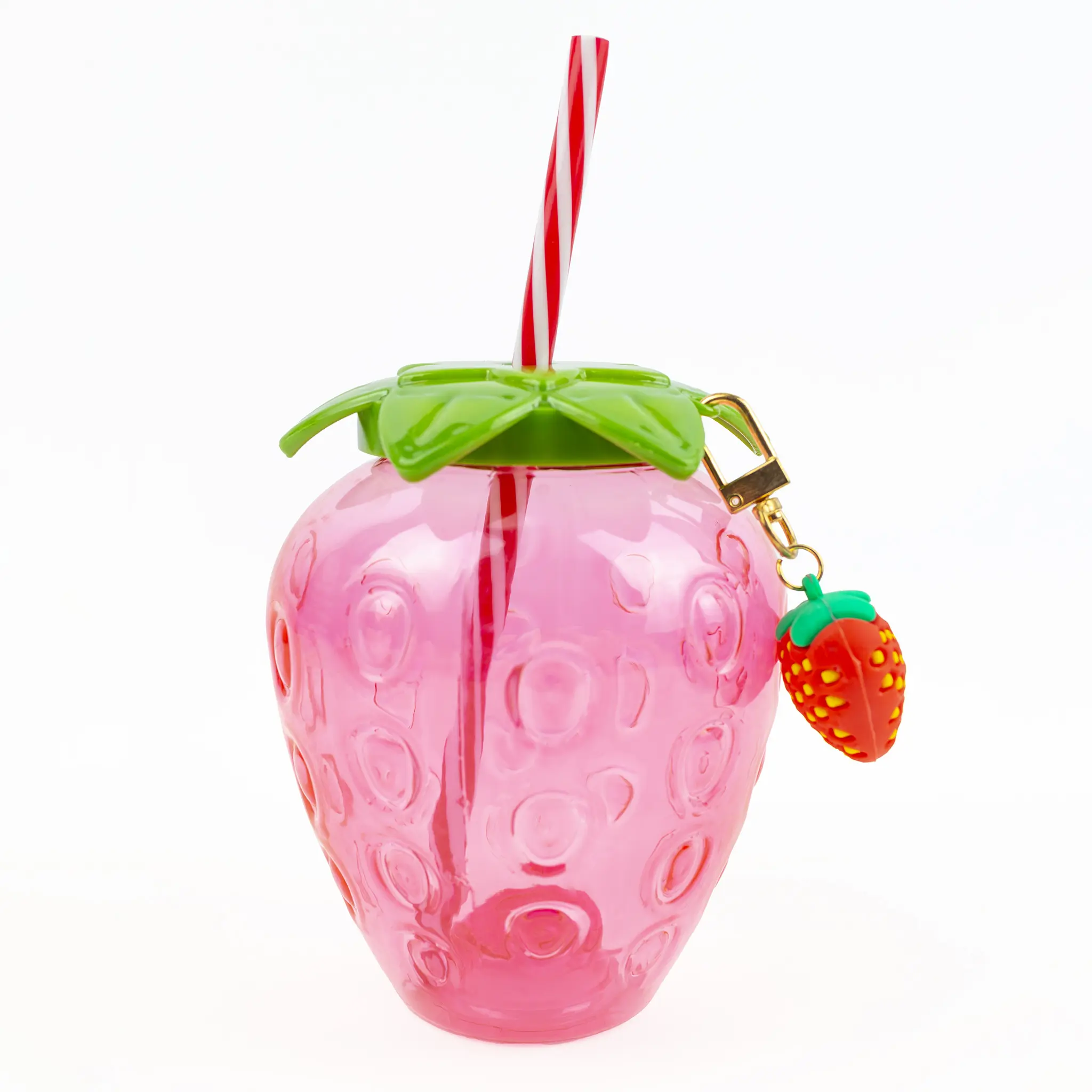 Strawberry Cup with Keychain Cute Drinkware Kawaii Water Bottle with Lid and Straw Plastic Glossy