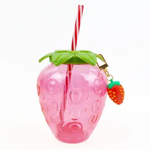 Strawberry Cup with Keychain Cute Drinkware Kawaii Water Bottle with Lid and Straw Plastic Glossy