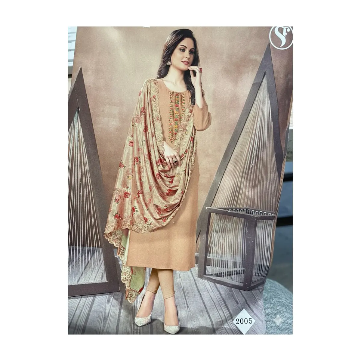 #S6 Beautifully embroidered  quality fabric with rich red & gold embroidery kurta in warm beige/cream + churidar trouser with Floral Dupatta