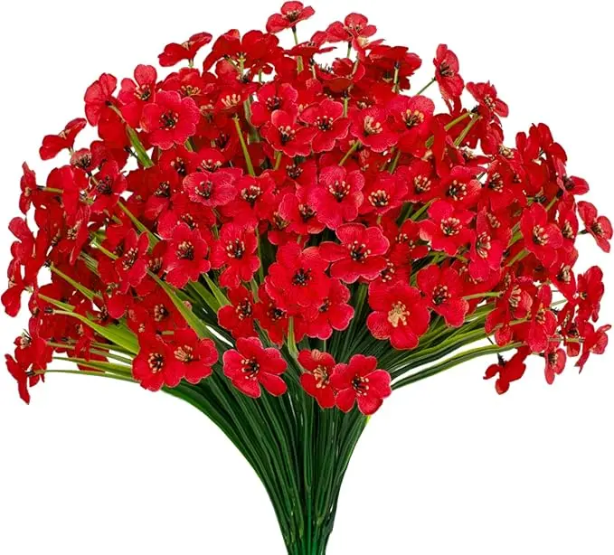 15/30/60 Bundles Artificial Flowers UV Resistant Outdoor Plants No Fade Faux Plastic Shrubs Fake Silk Flowers Window Box Garden Porch Home Decoration(Red)