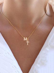 rhinestone letter & cross pendant necklace, gifts for her, stainless steel chain gold pendant necklace for women for gift, fashion all-match accessories for daily wear