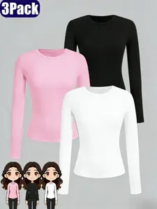 3-piece set of girls' solid color basic round neck knitted long sleeved T-shirt, slim and comfortable, machine washable, soft and skin friendly, Soft and gentle, practical for daily leisure, suitable for both school and outdoor use, Solid Color Tee