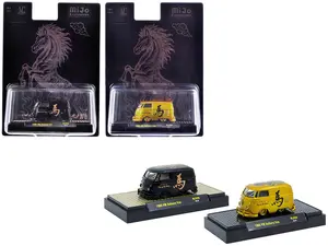 1960 Volkswagen Delivery Van Black w/Graphics & Delivery Van Gold Metallic w/Graphics Set 1/64 Diecast Model Cars by M2 Machines