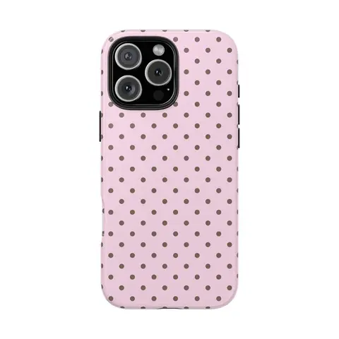 Polycarbonate TPU Brown & Pink Polka Dot Protective Cellphone Case with Kickstand - Shockproof, IP65 Water-Resistant, Dustproof, Screen Protector Compatible - Retro Aesthetic Accessory for iPhone 17,16,15,15 Plus,14,13,12,11,X,XS Handheld Devices