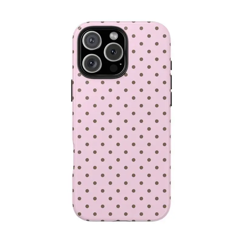 Polycarbonate TPU Brown & Pink Polka Dot Protective Cellphone Case with Kickstand - Shockproof, IP65 Water-Resistant, Dustproof, Screen Protector Compatible - Retro Aesthetic Accessory for iPhone 17,16,15,15 Plus,14,13,12,11,X,XS Handheld Devices